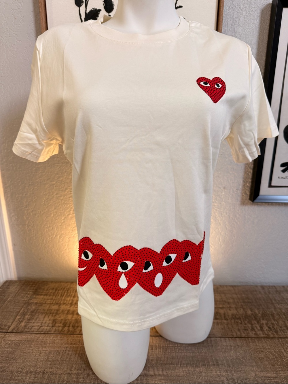 White Tee with Red Heart Motif